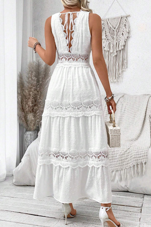 Color Hollow Lace Splicing V-neck Sleeveless Maxi Dress