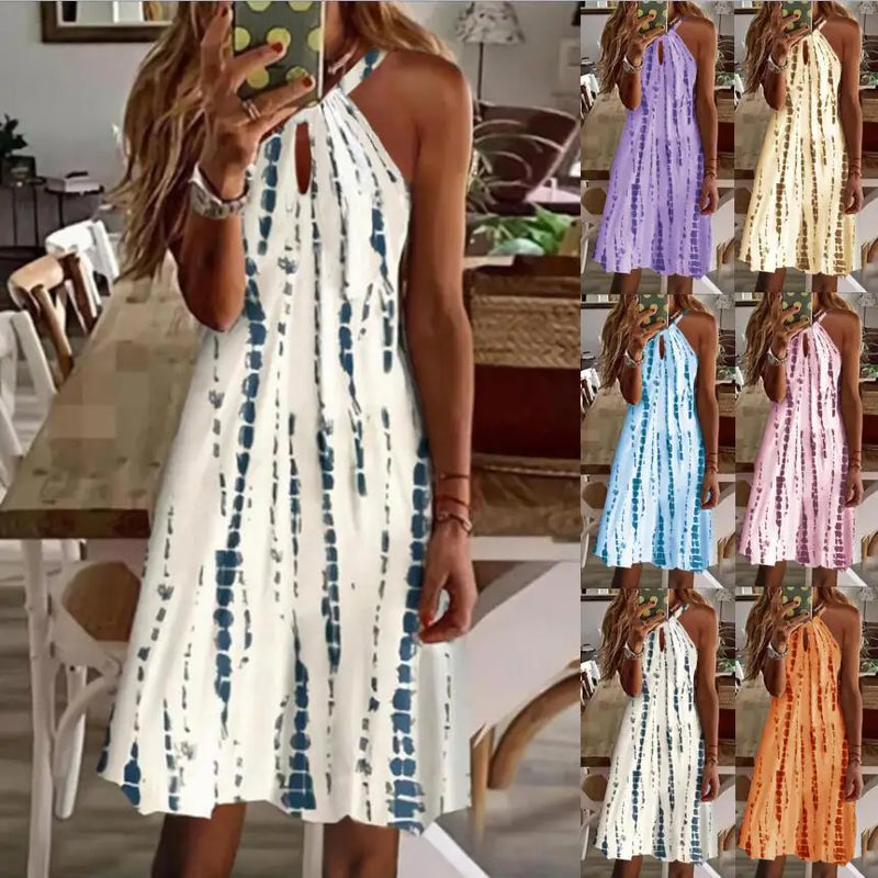 Simple Print Halter Neck Mini Dresses Hollow Out Backless Sleeveless Dress Lady Commuting Short Vestidos
