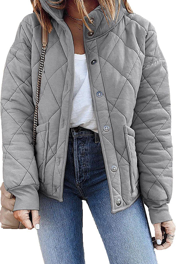 Diamond Quilted Pocket Button Long Sleeve Coat