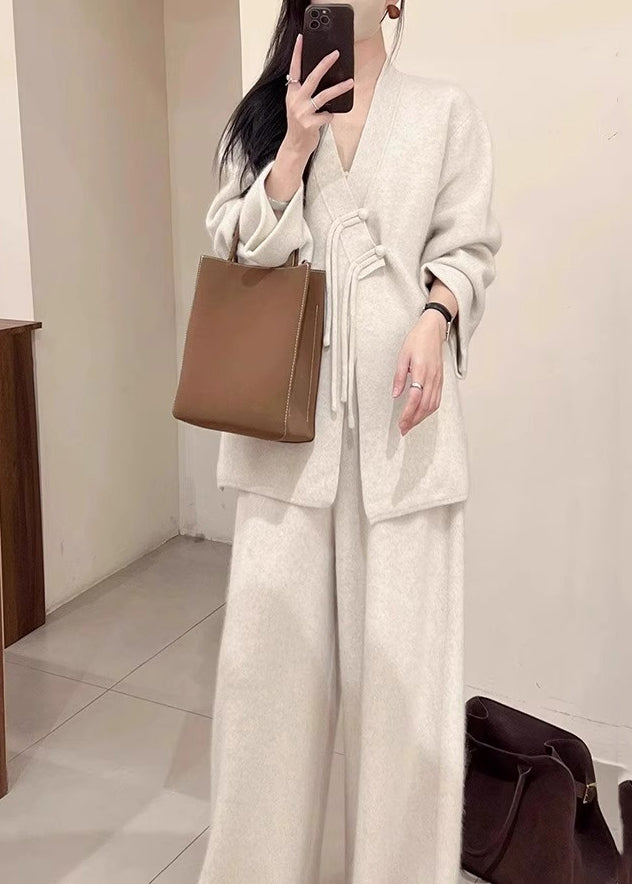 Brief Light Grey V Neck Button Knit Coats and Pants Two Piece Set Fall Wv028