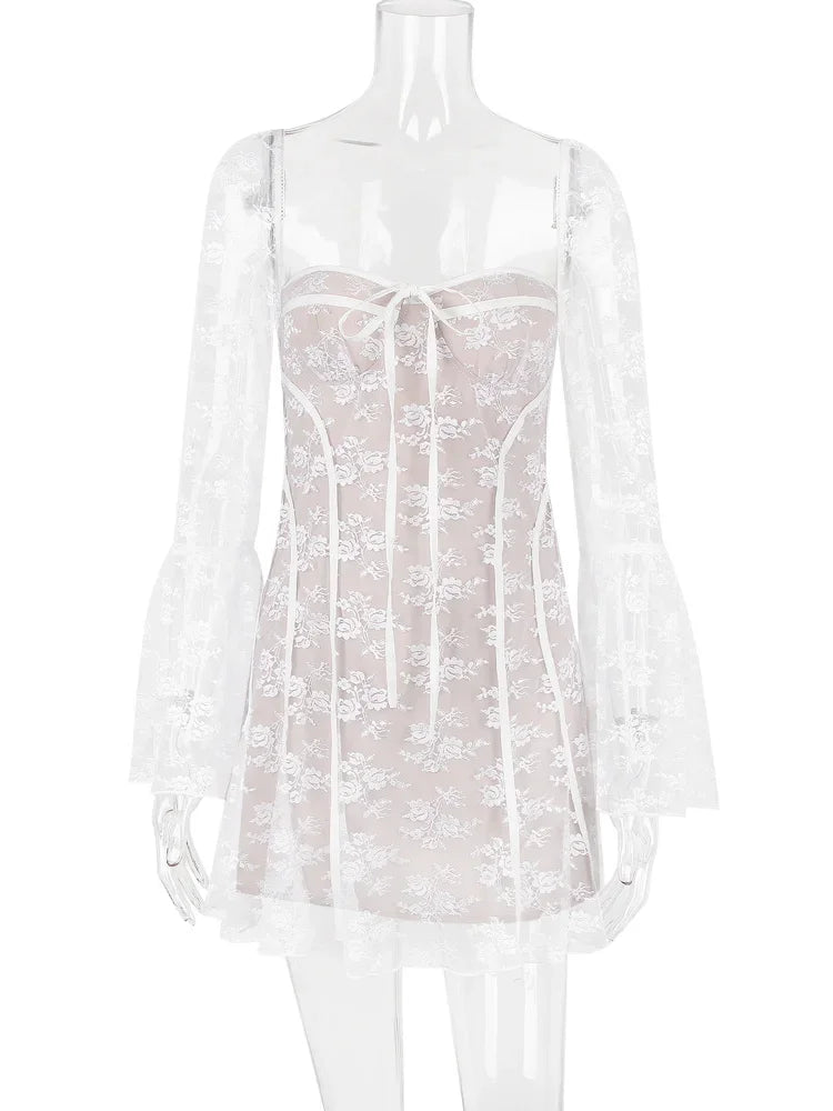 Lace Printed Lace-up Mini Dress Female Ruffled Square Collar Slim See-through Dress for Bandage Dress