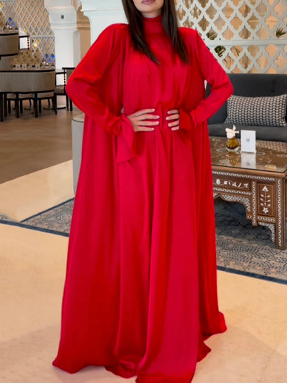 Flared Sleeves Long Sleeves Color High-neck Maxi Dresses