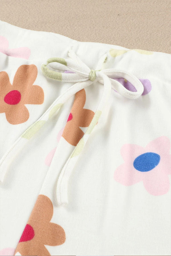 White Print Henley Top & Drawstring Shorts Loungewear Set