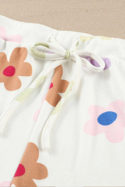 White Print Henley Top & Drawstring Shorts Loungewear Set