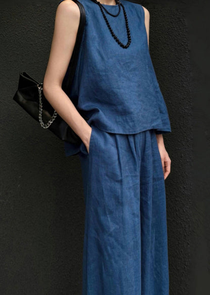 Blue Linen Vest and Wide Leg Pants Two Pieces Set Sleeveless An1026