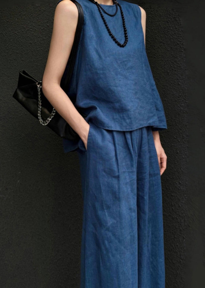 Blue Linen Vest and Wide Leg Pants Two Pieces Set Sleeveless An1026
