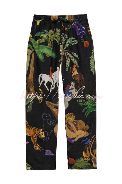 Unique Print Lapel Long Sleeve Loose Shirt and Elastic Waist Pocket Wide Leg Pants Set