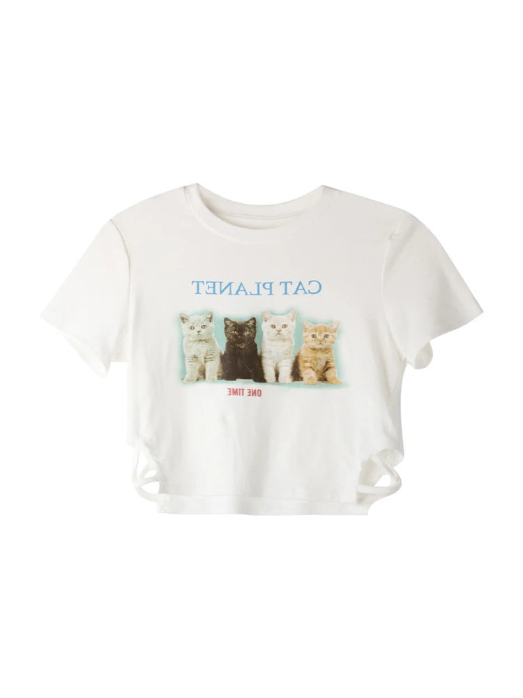 Short Sleeve Crop Tops Cat Print Crew Neck Slim Fit T-shirts Summer Exposed Navel Shirts