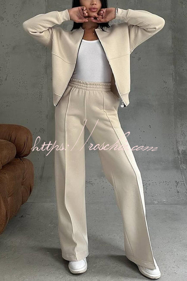 Color Long Sleeve Zipper Jacket and Elastic Waist Pocket Wide Leg Pants Set