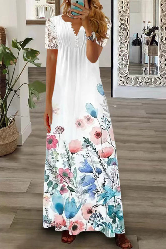 V Neck Button Lace Sleeve Holiday Beach Maxi Dress