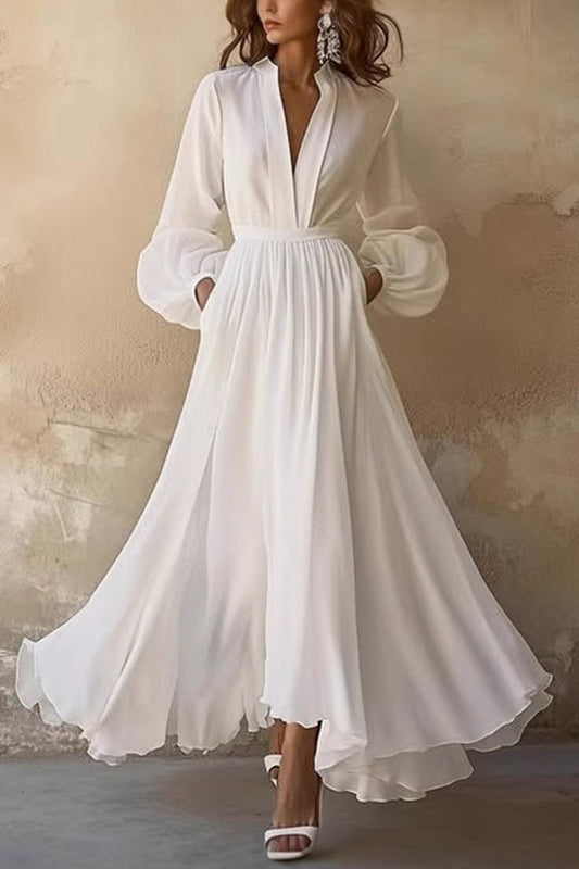 Color V-neck Long Sleeve Waist Midi Dress