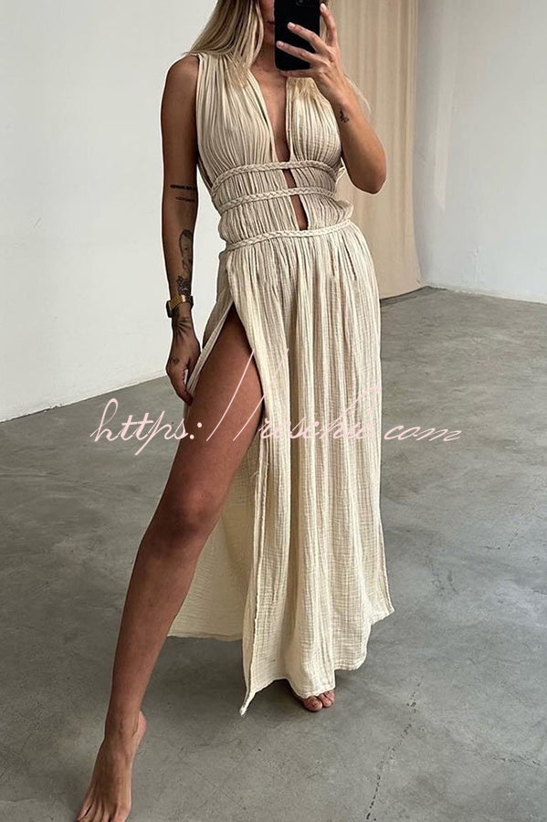 With Elegance Linen Blend Braids Belt Cutout Slit Kaftan Maxi Dress