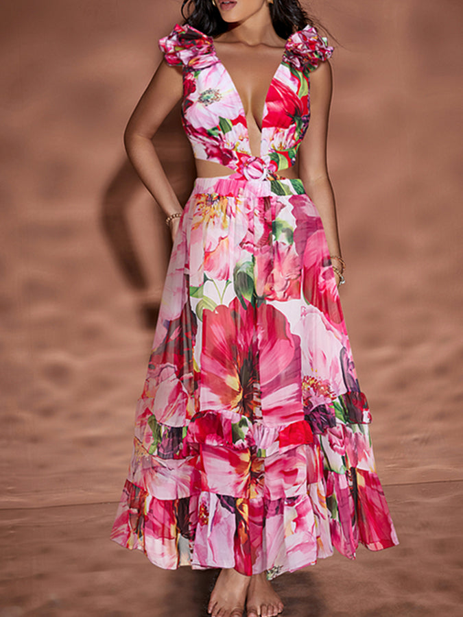 Ruffle Cut Out Flower Printed One Piece Swimsuit and Skirt