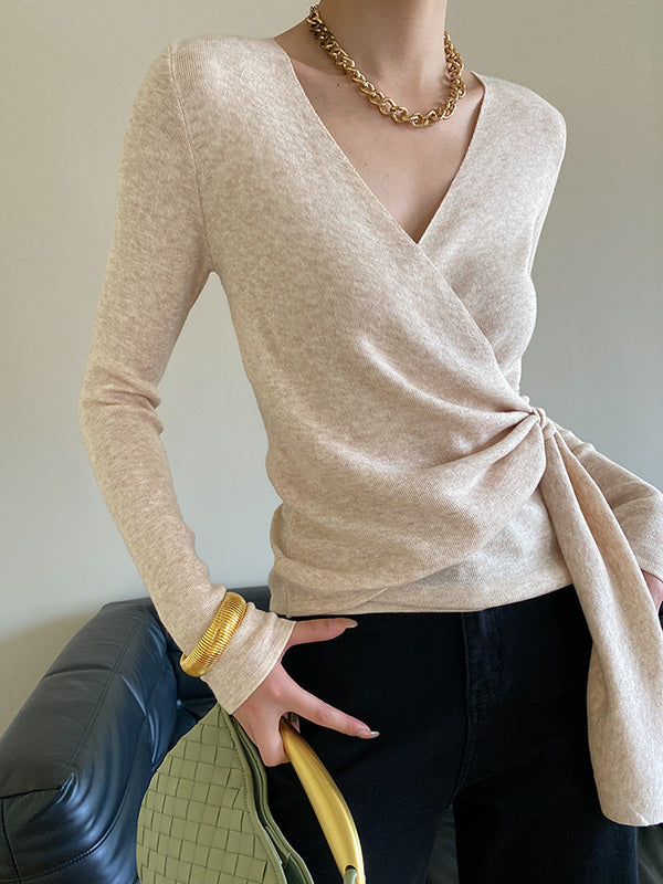 French Apricot V-neck Asymmetric Lace-up Long Sleeves Sweater Qx015