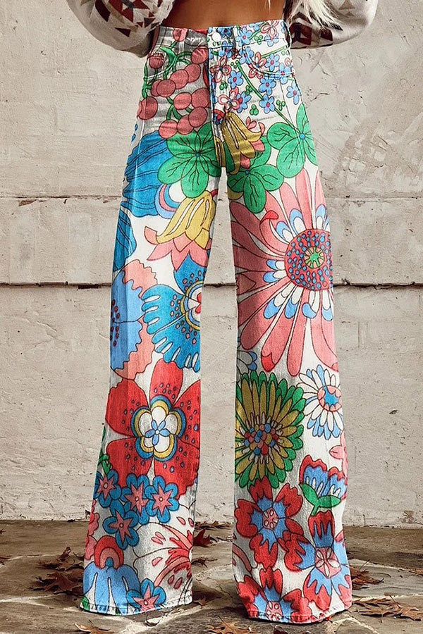 Unique Print Button Pocket Wide Leg Pants