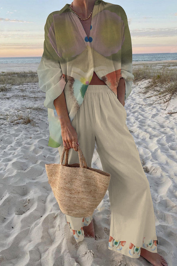 Tie-dye Butterfly Print Oversized Shirt and Elastic Waist Pocket Pants Set