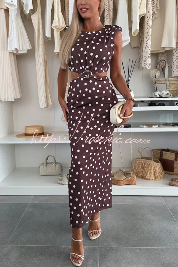 Roxane Polka Dot Print Shoulder Pad Metal Cutout Waist Slit Stretch Maxi Dress