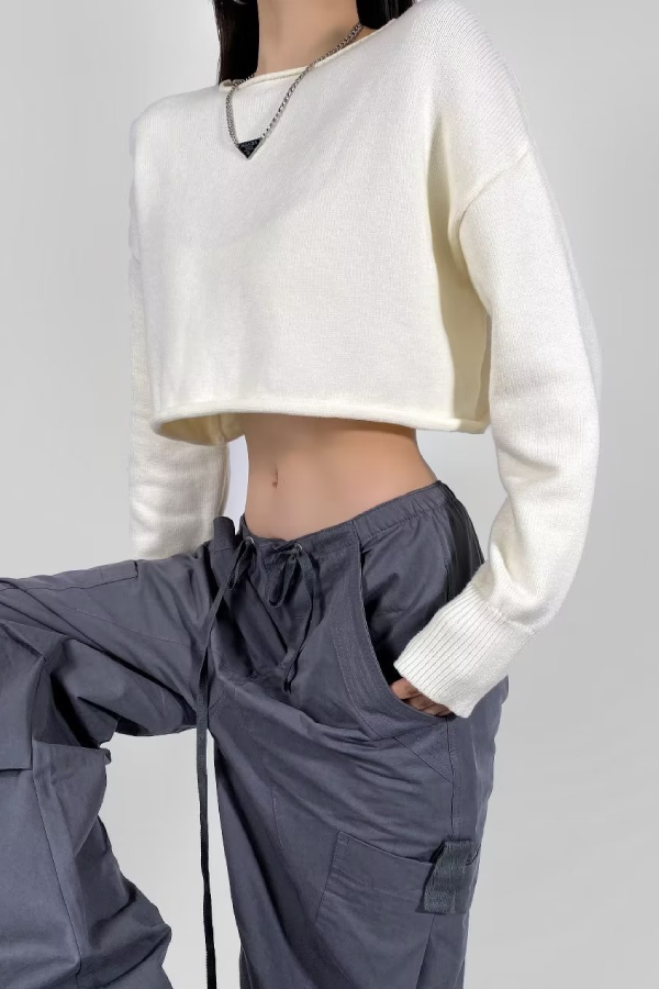 Round Neck Color Loose Long Sleeve Super Short Knitted Sweater