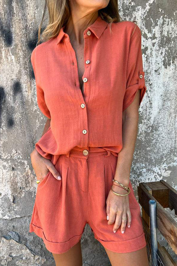 Linen Blend Color Button Lapel Short Sleeve Shirt and Pocket Shorts Set