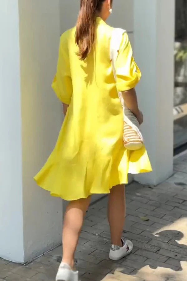 Color Lapel Pocket Ruffle Loose Mini Dress