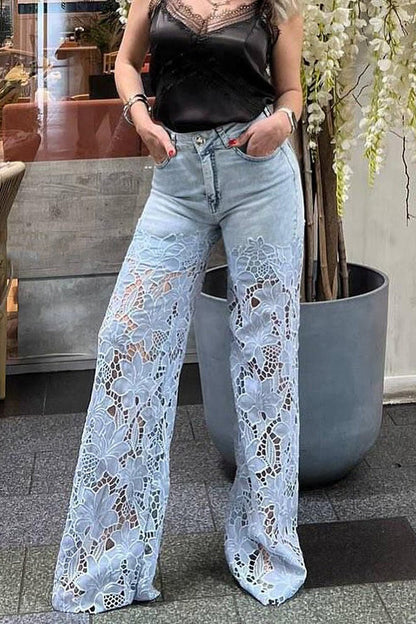 Hollow Lace Stitching Pocket Denim Wide-leg Pants