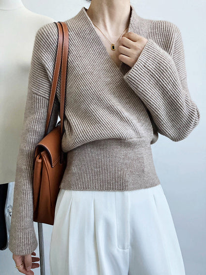 French Grey Cross V-neck Long Sleeve Sweater Qx012