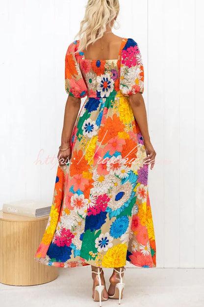 Frenzy Printed Puff Sleeve Back Smocked Maxi Dress