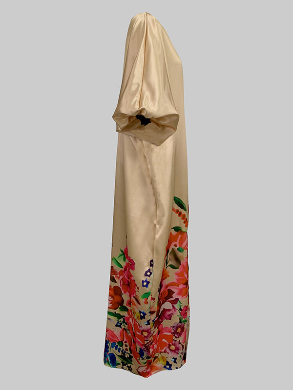 A-line Half Sleeves Elasticity Flower Print Split-front V-neck Maxi Dresses
