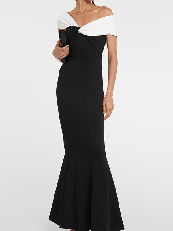 Short Sleeves Skinny Contrast Color Split-joint One-shoulder Evening Dresses Maxi Dresses