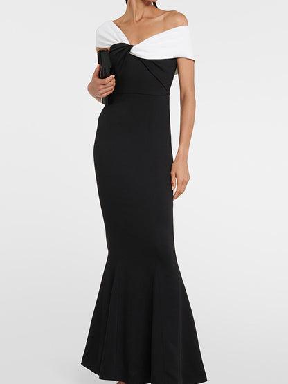 Short Sleeves Skinny Contrast Color Split-joint One-shoulder Evening Dresses Maxi Dresses