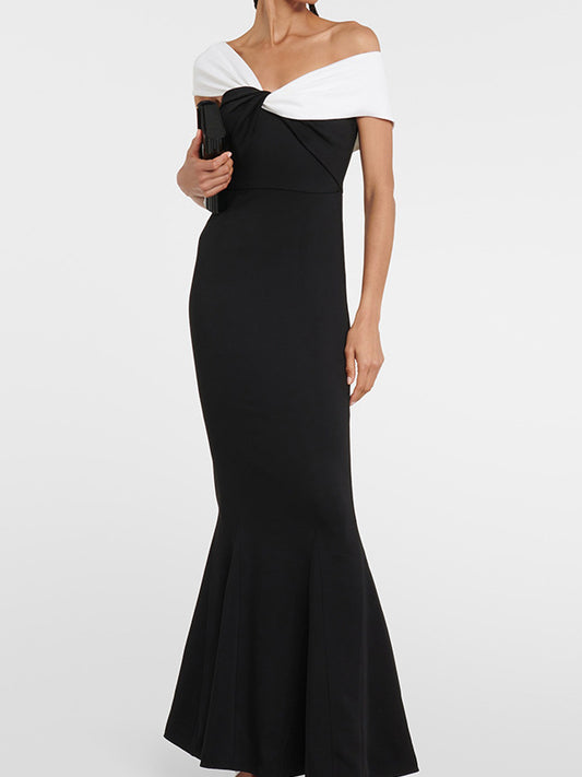 Short Sleeves Skinny Contrast Color Split-joint One-shoulder Evening Dresses Maxi Dresses