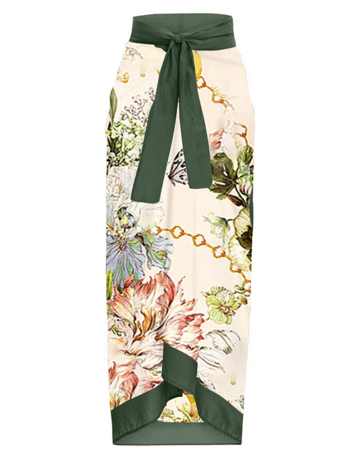 One Shoulder Print One Piece Swimsuit and Skirt