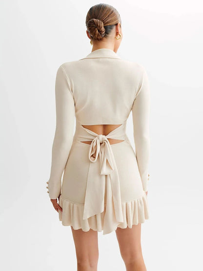 Long Sleeve Ruffled Knit Mini Dress for Autumn New V Neck Pearl Single-breasted Bow Bandage Knitted Dress
