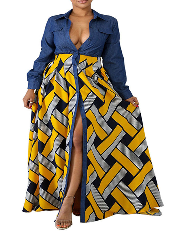 Long Sleeves Loose Buttoned Elasticity Printed Split-joint Lapel Maxi Dresses