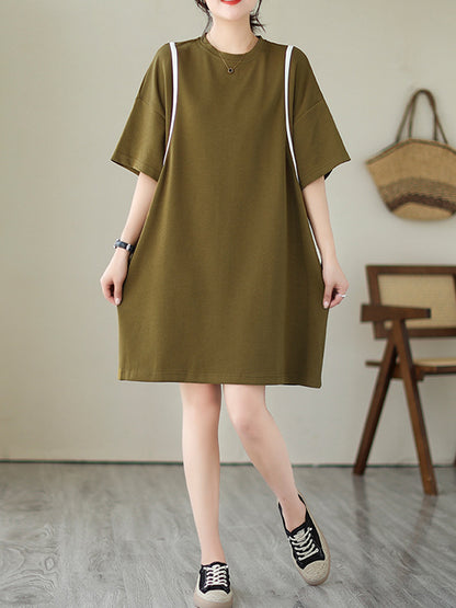 Loose Short Sleeves Split-joint Round-neck Mini Dresses