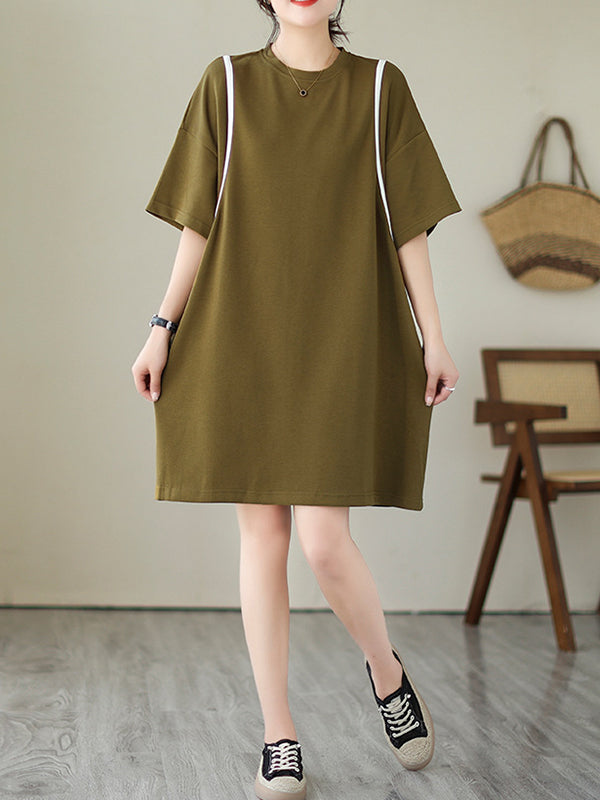 Loose Short Sleeves Split-joint Round-neck Mini Dresses
