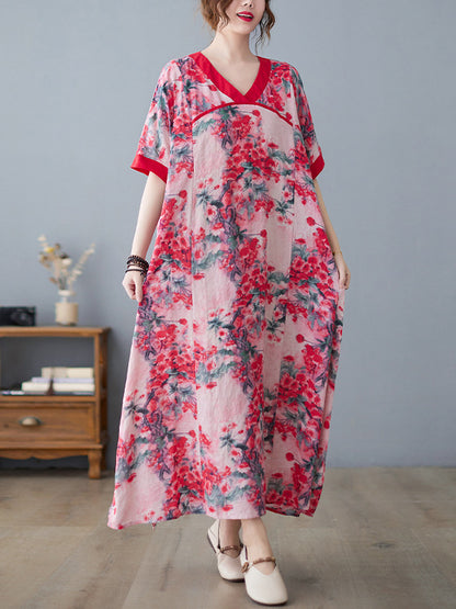 Loose Artistic Retro Printed Split-joint V-neck Midi Dress