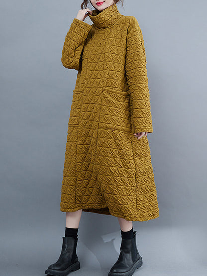 Long Sleeves Loose Color Textured High-neck Cotton Padded Midi Dresses