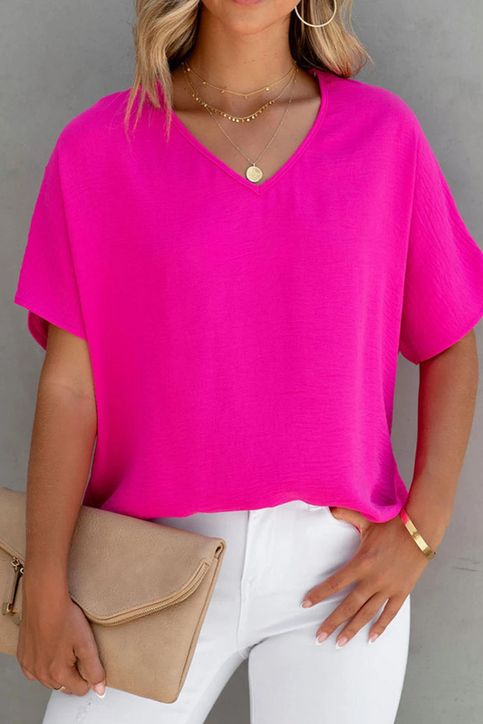 Color V Neck Short Sleeve Blouse