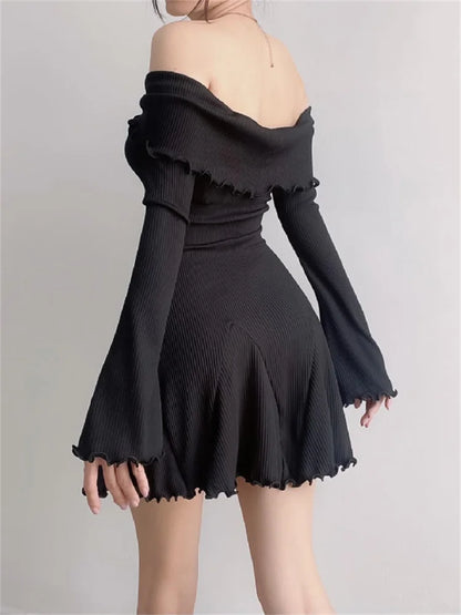 Black Knit Ruffled Mini Dress Patchwork Off-shoulder Loose Slim Ribbed Dress Knitwear Clothes Female Dress