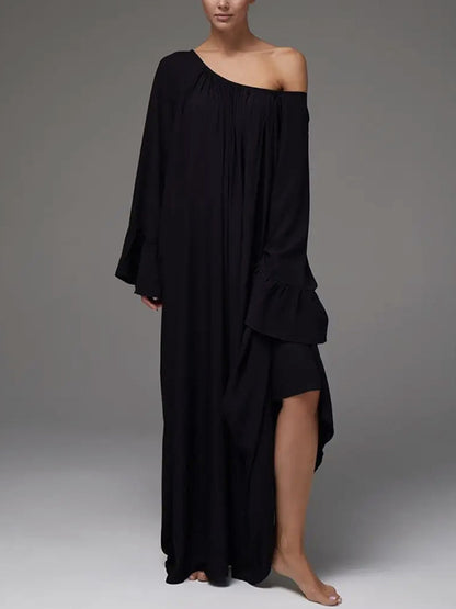 A-line Flared Sleeves Pleated Color Split-joint Round-neck Maxi Dresses