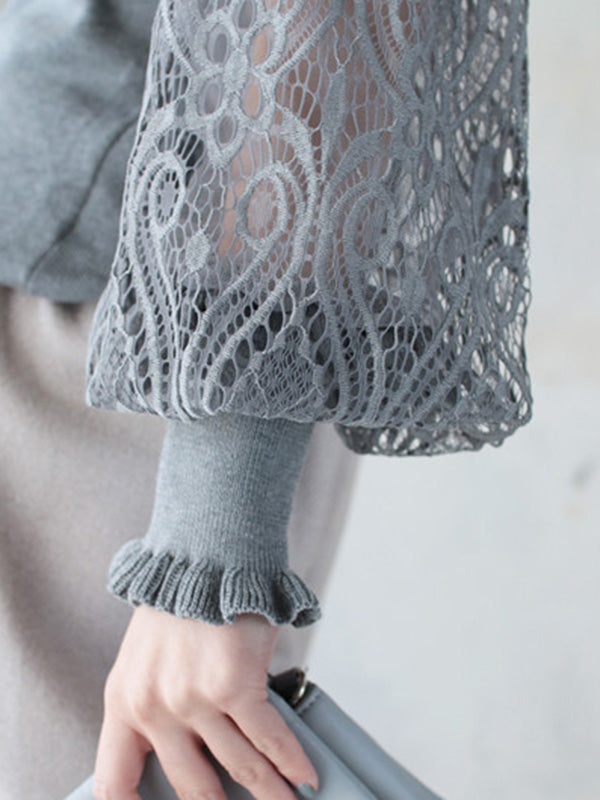 Tempermant Black Round-neck Patchwork Hollow Lace Long Puff Sleeves Sweater Qx011