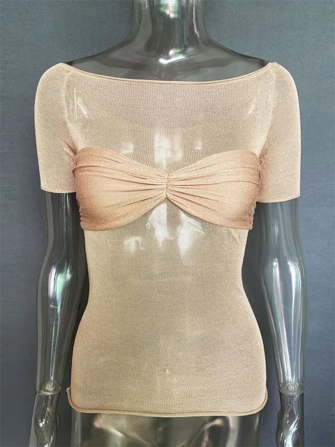 Short Sleeve Mesh Top Shirt for Off-shoulder See-through Knit Pullover Summer Sheer New T-shirt