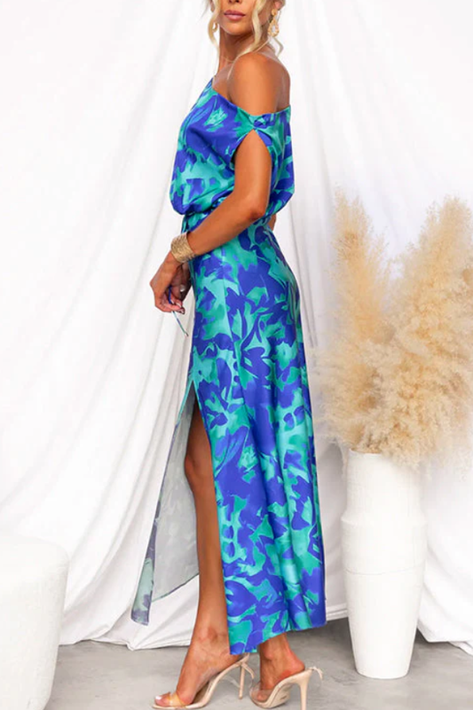 One Shoulder Tie Waist Slit Print Maxi Dress