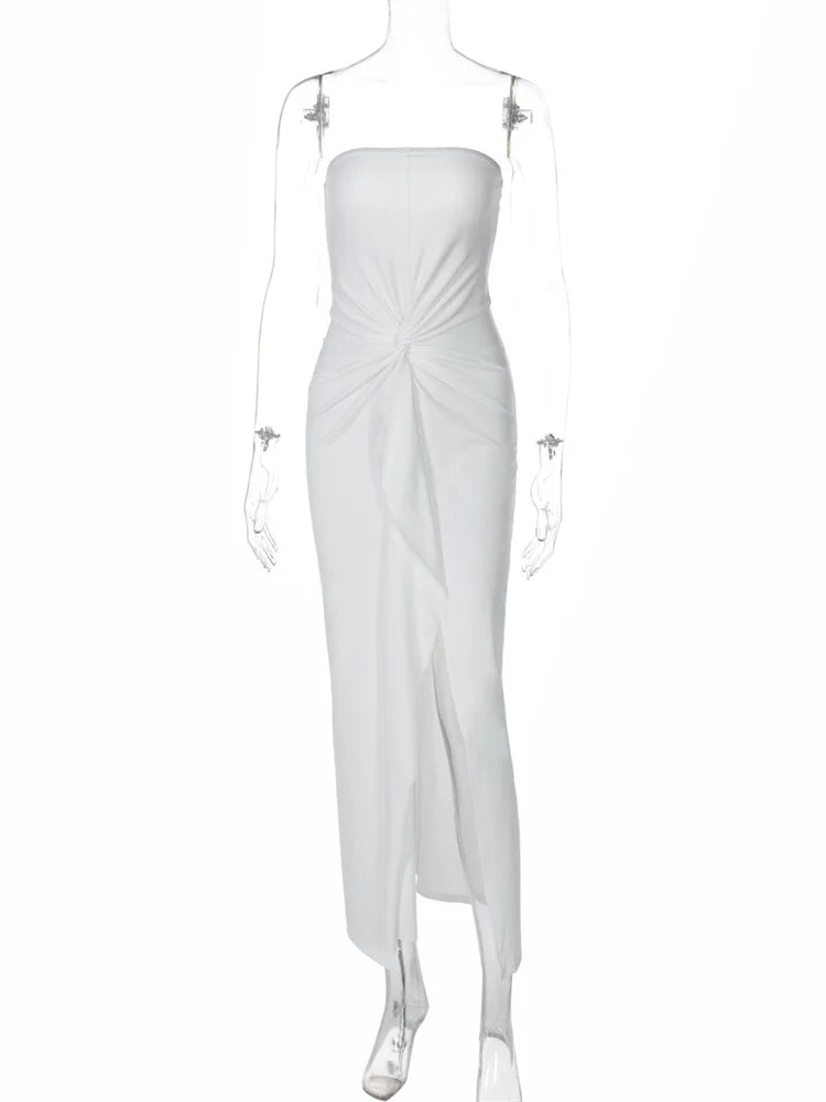 White Pleated Long Dress Bandeau Slim Backless High Waist Lace-up Party Dress Female Autumn Maxi Dress