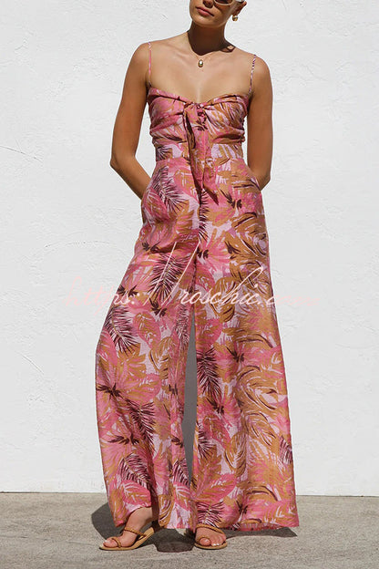 Botanical Print Strappy Resort Style Wide-leg Pants Jumpsuit