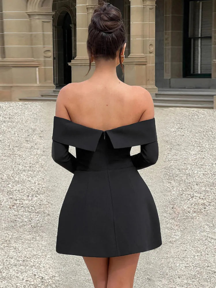 Off-shoulder Long Sleeve Mini Dress for Two Pocket Strapless Backless A-line Club Party Dress