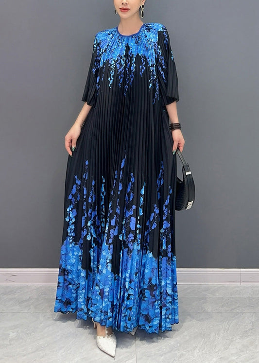 Fine Black O Neck Print Pleated Long Dresses Summer Ao1006