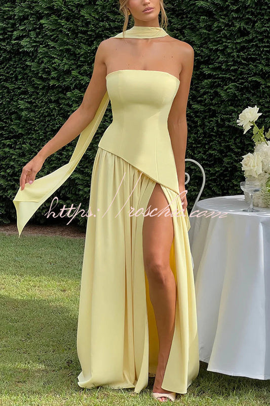 Off Shopulder Chiffon Pleated Hem Scarf Slit Maxi Dress