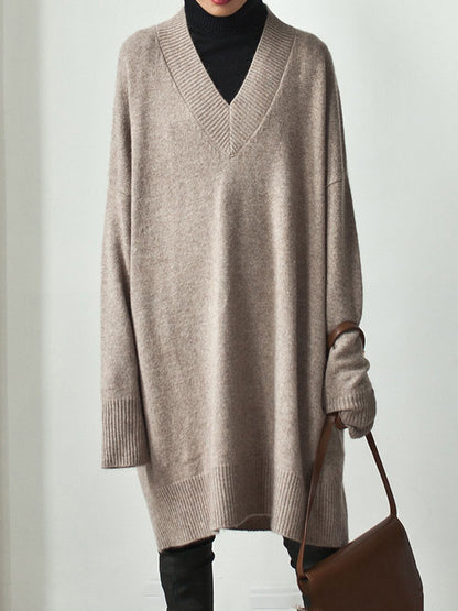 Stylish Long Sleeves Loose Color V-neck Sweater Dresses